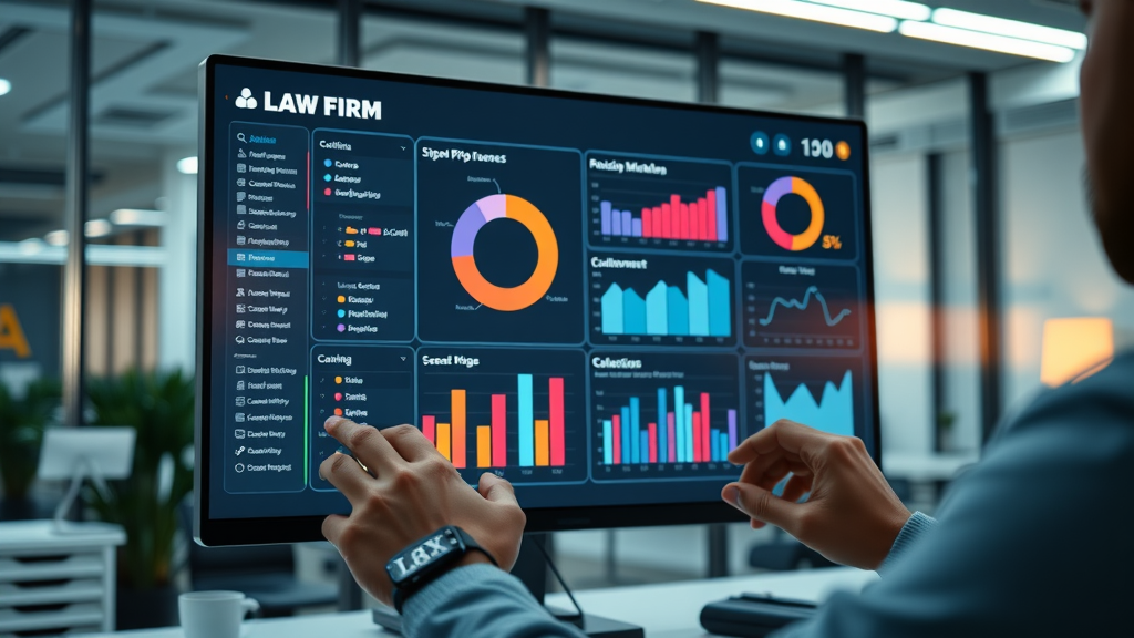 interactive marketing dashboard, displaying PPC KPIs with law firm branding, Cinematic, ultra-modern office background, highly detailed, vibrant metric charts animate as being analyzed, sharp contrast colors, illuminated screen lighting, shot with a 55mm lens