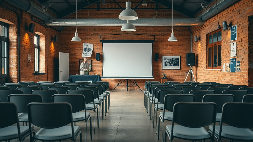 Empty local workshop preparing for marketing seminar, setting for discussing local business marketing tips