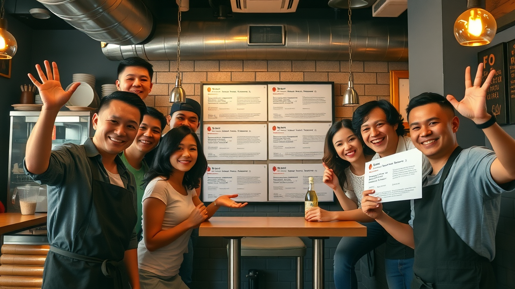 joyful team in local restaurant displaying positive reviews, success stories reputation management