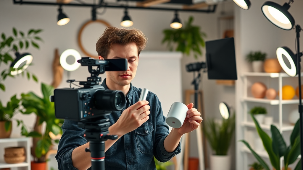digital marketing strategies content creator filming engaging product video in modern studio with lively colors
