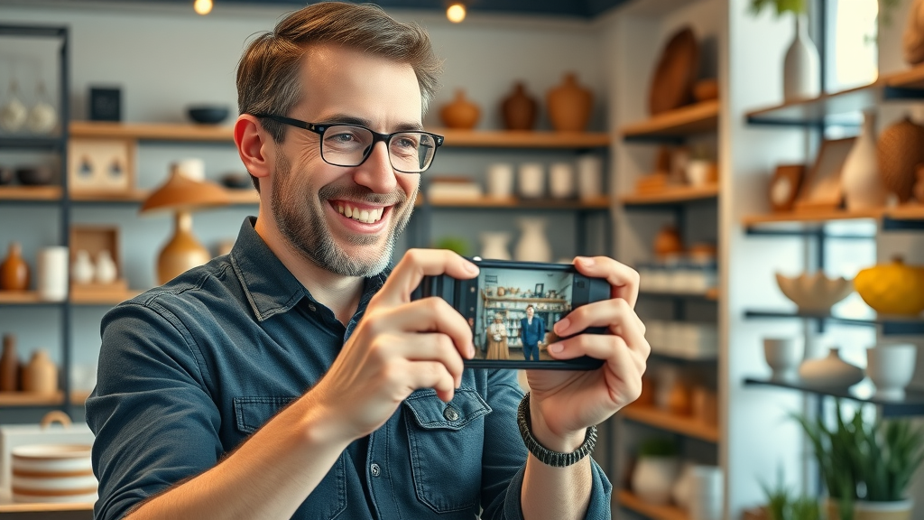 friendly local business owner taking high-quality photos for Google Business Profile, dynamic shop interior, high-quality product images, engaging business profile visuals