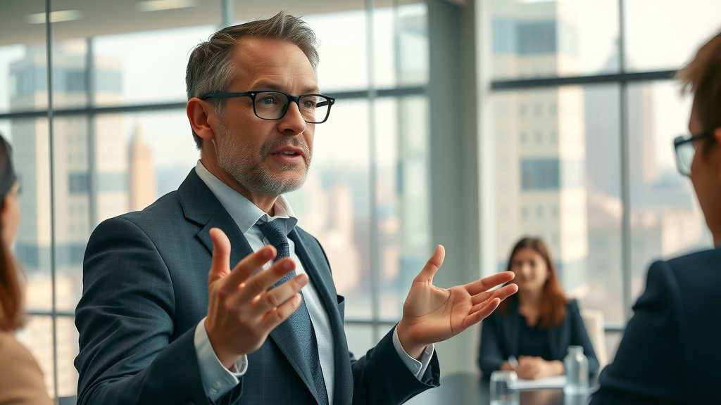 inspiring business leader presenting branding strategy on brand voice development to colleagues in a glass-walled meeting room