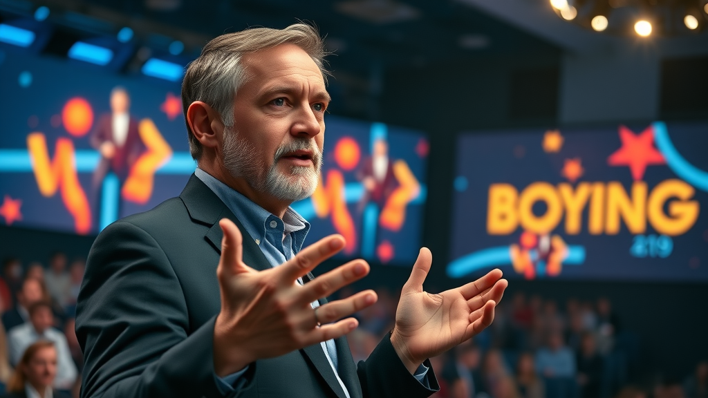 thought leader delivering branding keynote with brand visuals in background