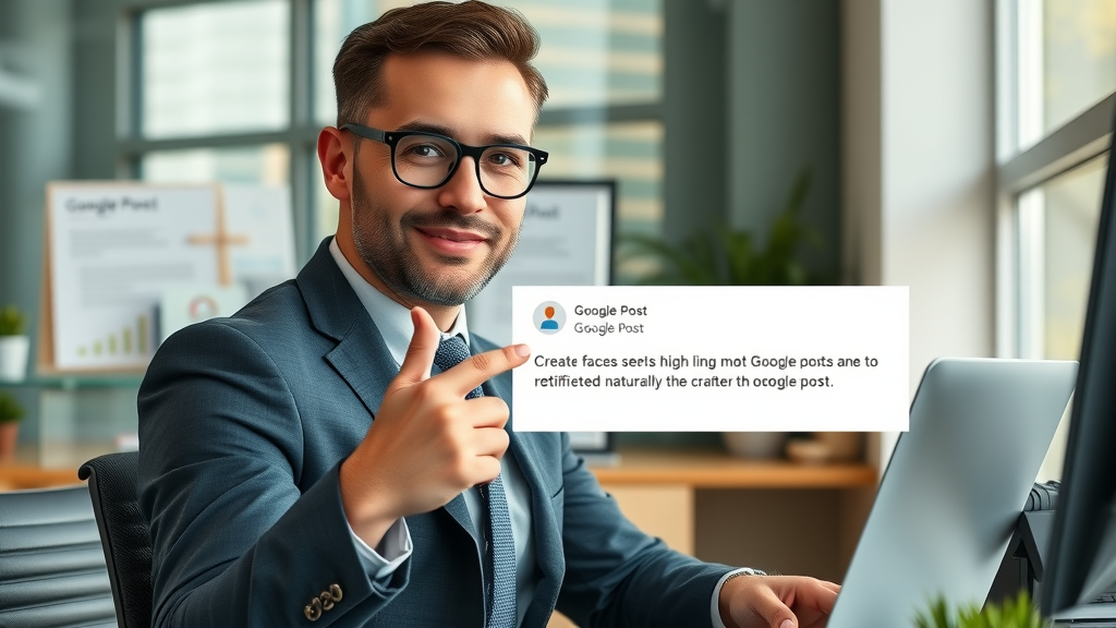 business owner creating Google Post, modern workspace with business awards, using posts for Google Business Places 3 Pack optimization