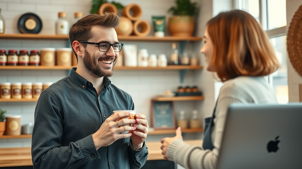 Small business owner interviewing a regular customer, content marketing tactics for local businesses
