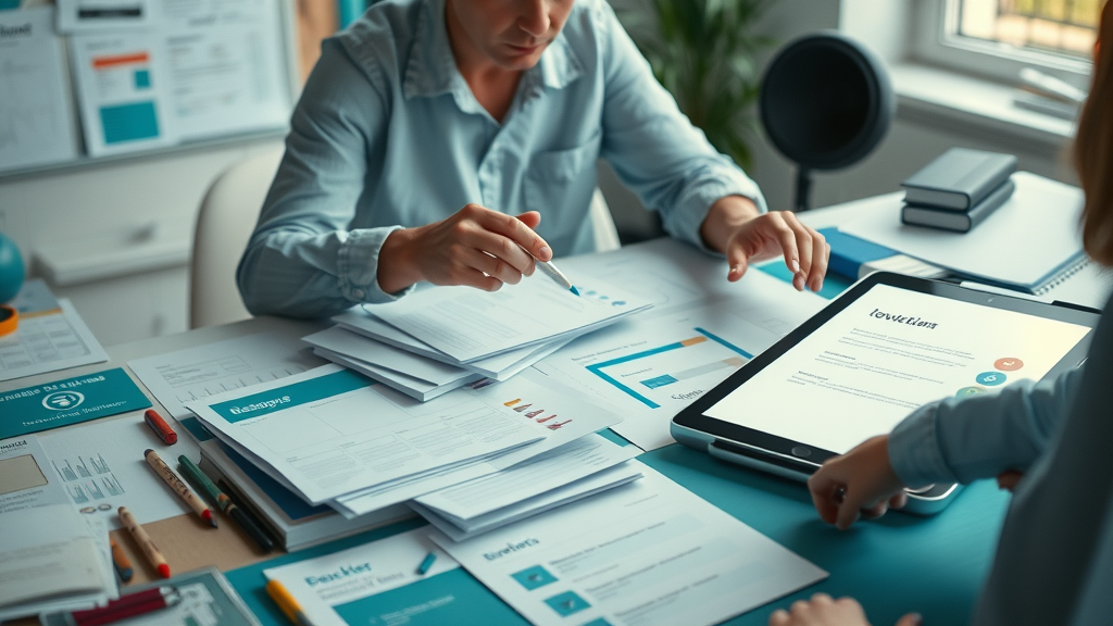 Organized designer arranging brand strategy toolkits and guides for a professional services firm