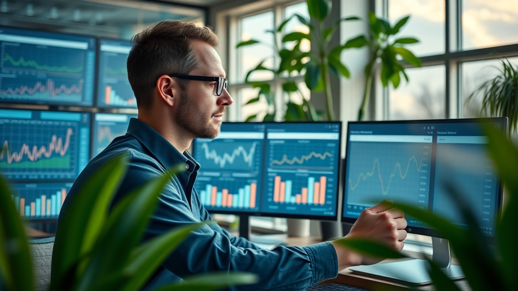 local content marketing performance tracking: marketer analyzing KPIs, dashboard with fluctuating graphs, bright workspace