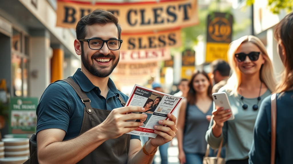 Store associate engaging community with event flyers, calls-to-action for content marketing for local businesses