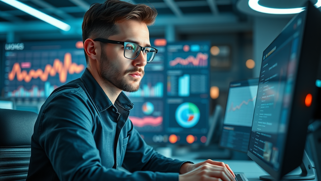 Focused small business owner analyzing SEO analytics to improve search engine rankings and attract new customers with online authority.