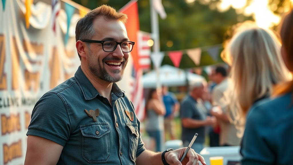 content marketing local business owner connecting with community at local event