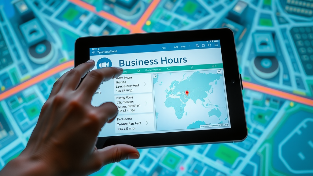 modern tablet screen displaying business hours and service area map, accurate business information, local service area optimization for Google Business Profile