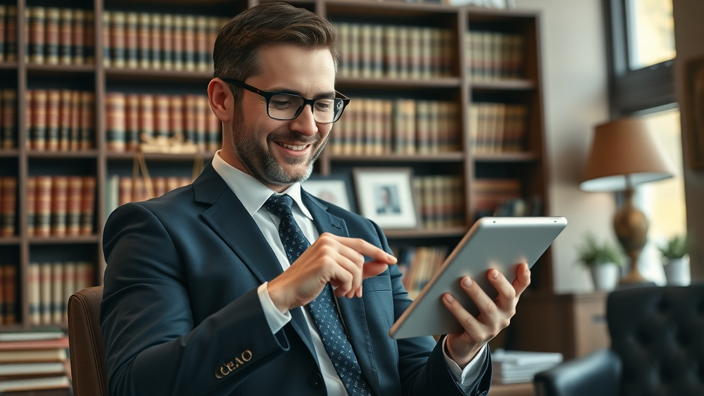 lawyer using digital tablet engaging with social media for law firms
