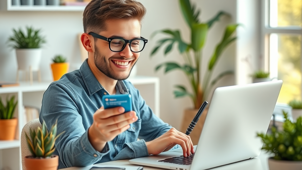 social media marketing: new entrepreneur setting up business social profiles on laptop