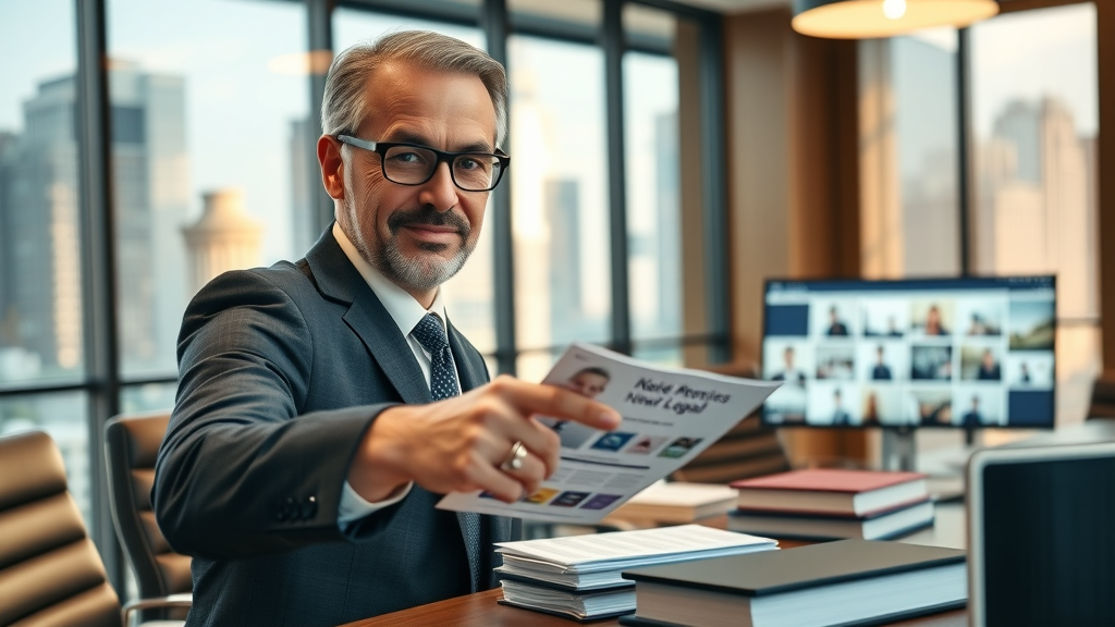 Experienced legal consultant reviewing legal online advertising materials in a professional boardroom