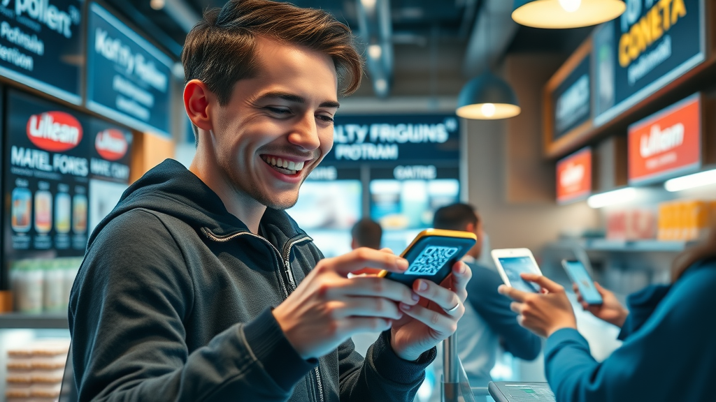 customer scanning QR code at local business counter using digital loyalty program