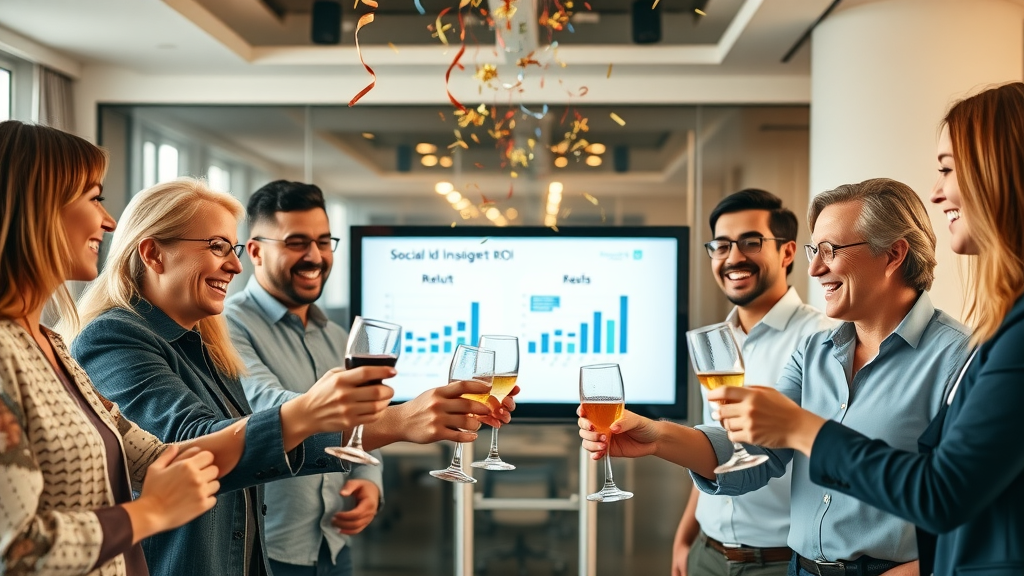 social media marketing: B2B, B2C, nonprofit teams celebrating campaign ROI as seen on screens