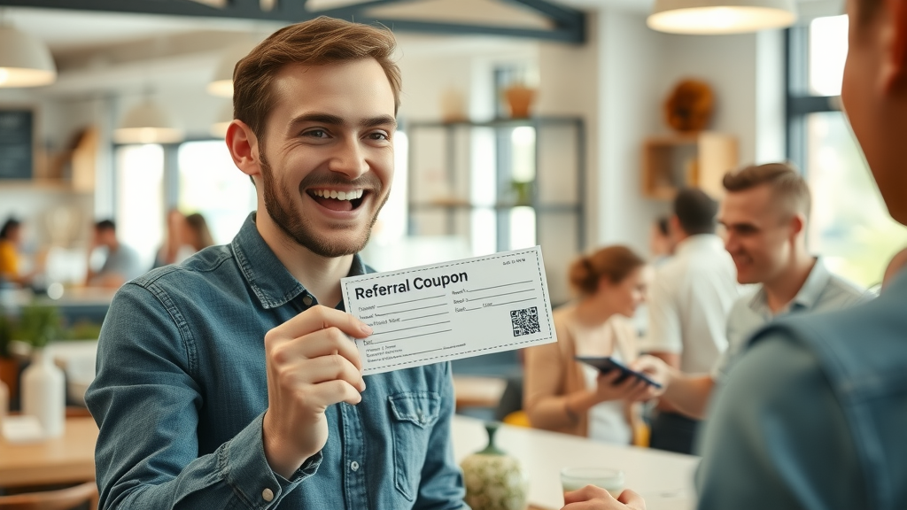 Happy customer holding a referral coupon in a lively cafe, building trust with local business marketing tips
