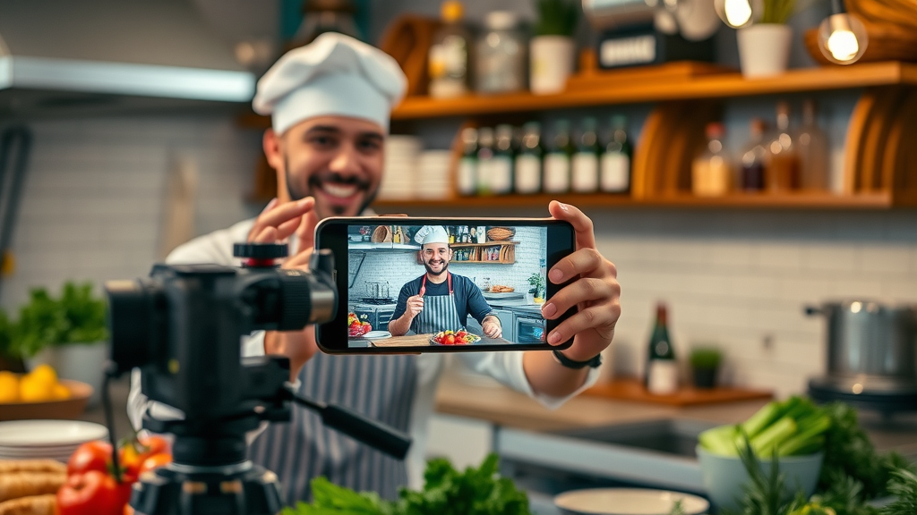 Local chef creating engaging video content for social media marketing campaigns in a rustic restaurant kitchen