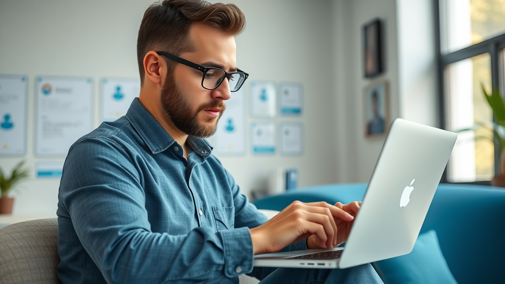 professional business owner reviewing customer reviews on a modern laptop, engaged and focused, reading and typing responses, review response best practices, stylish office environment