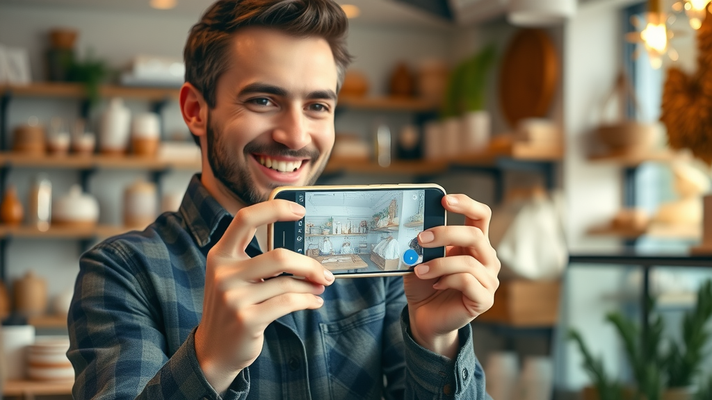 Small business owner uploading photo to Google Maps listing, cheerful expression, cozy shop interior