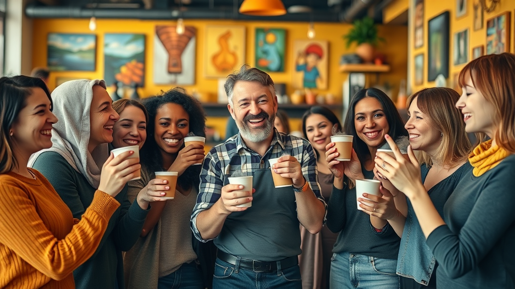 business owner staging media post with local customers in a vibrant café, everyone raising coffee cups, local community engagement