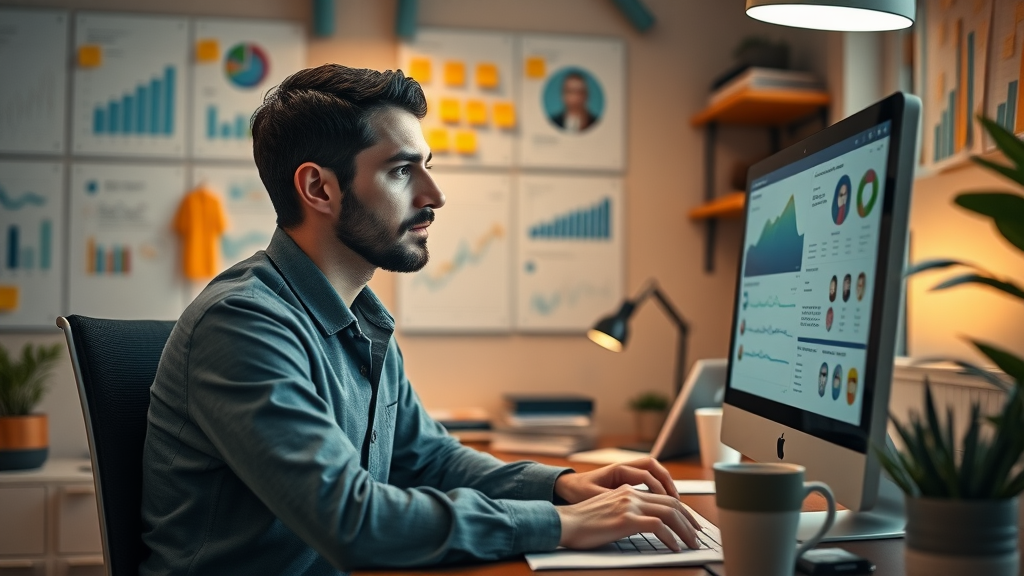 Focused small business owner analyzing data and customer personas on computer for internet advertising for small businesses