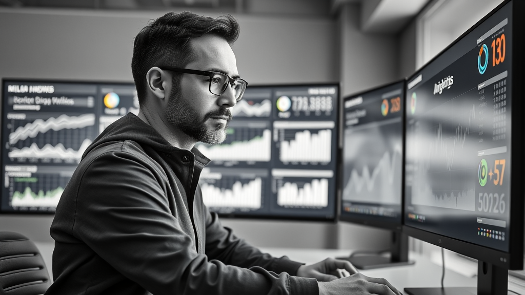 data analyst analyzing digital marketing strategies KPIs on advanced dashboard