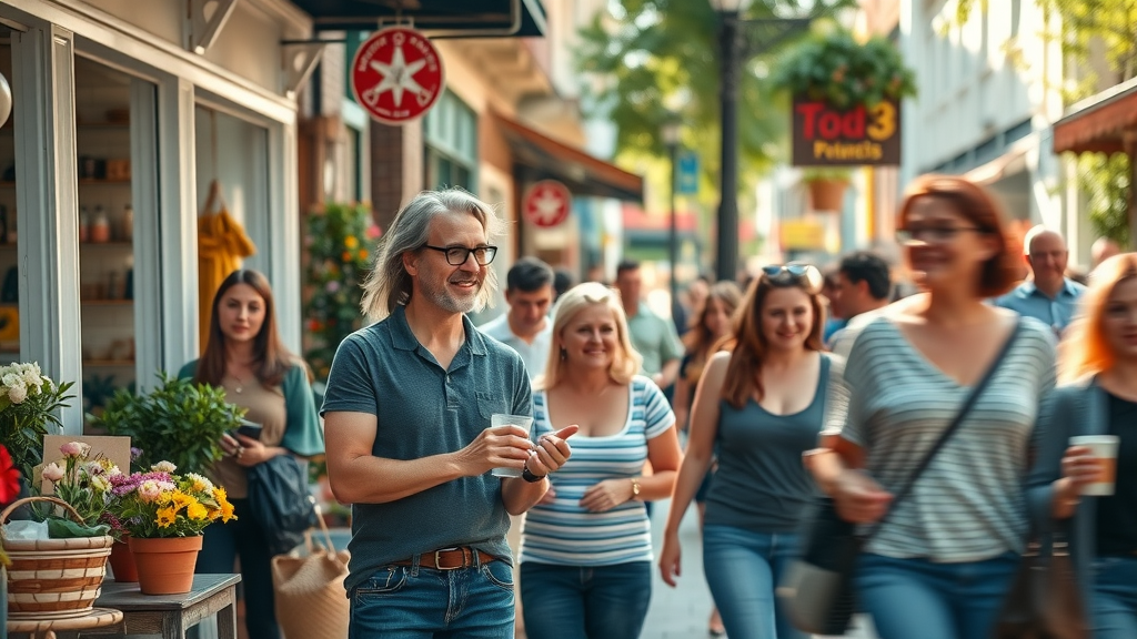 Vibrant downtown scene showcasing social media for local businesses with happy owners and customers on a bustling main street