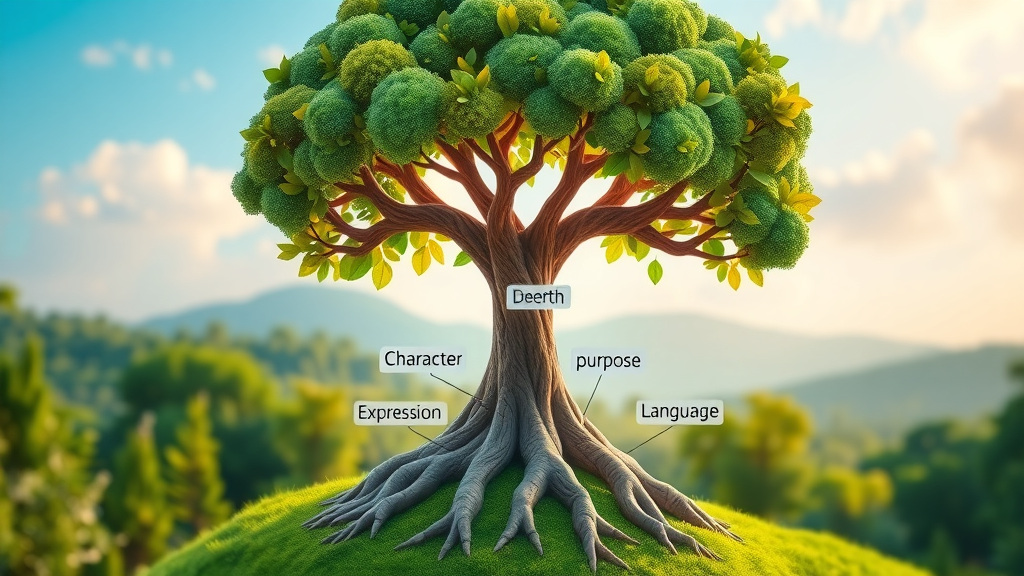 tree metaphor for four dimensions of business brand voice—character, purpose, expression, language