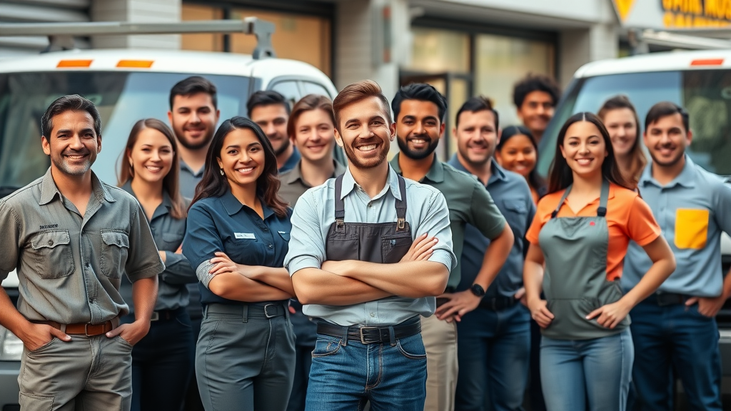 Diverse service professionals representing local SEO for service businesses standing before work vehicles, urban street