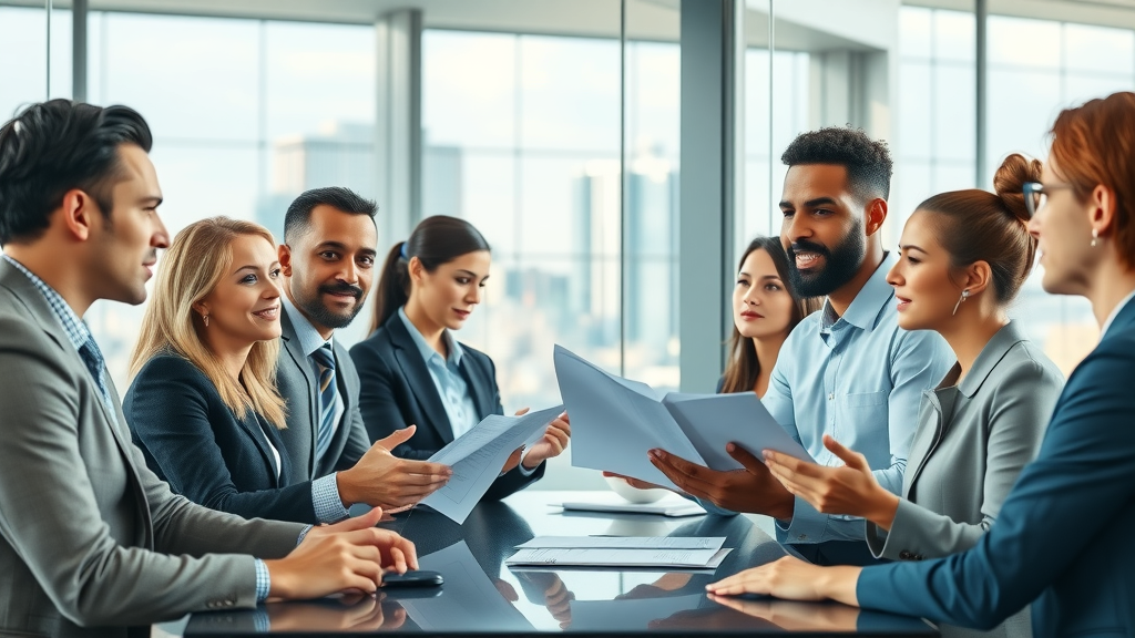 insightful business meeting discussing customer feedback reports, customer feedback techniques, diverse professionals