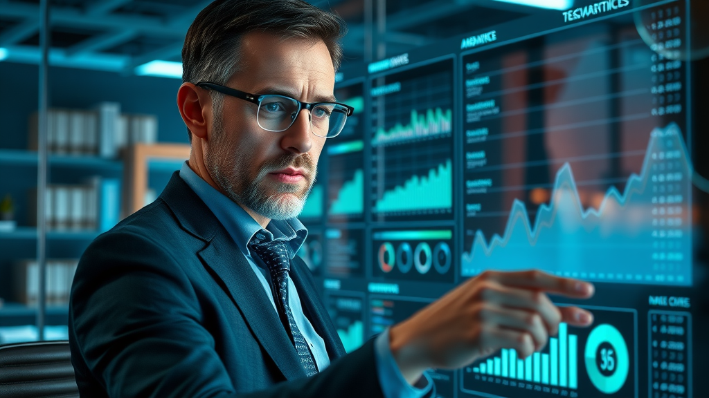 Business owner analyzing SEO dashboard, paid ads and optimization for online marketing for services