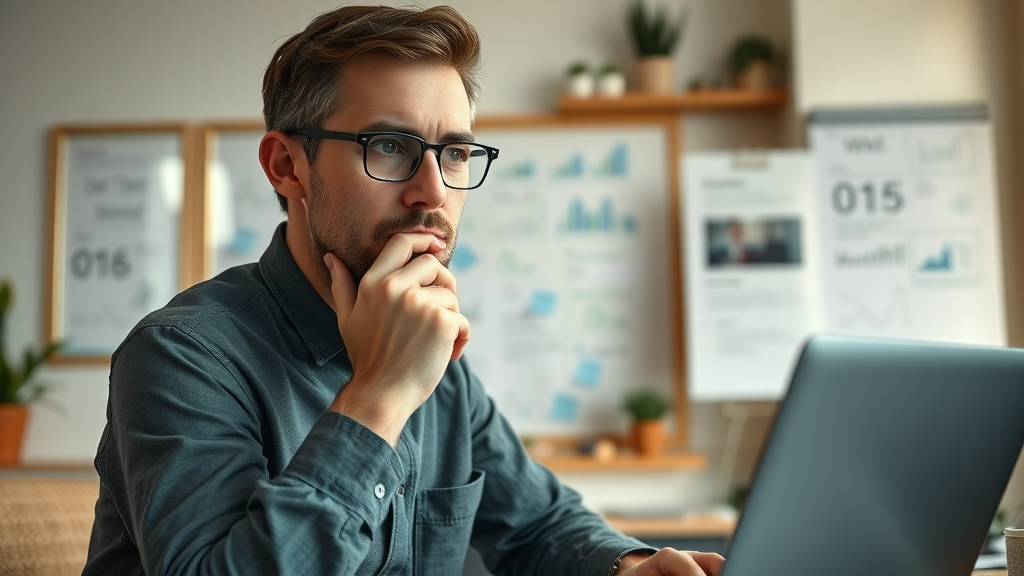online authority building: thoughtful small business owner analyzing digital trends at home workspace