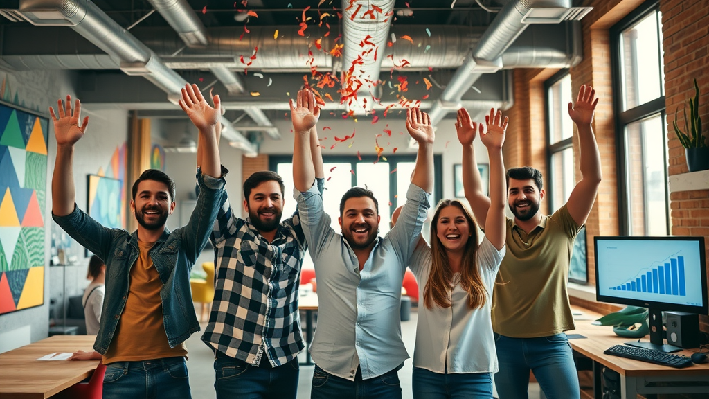 startup team celebrating digital marketing strategies success in a vibrant workspace