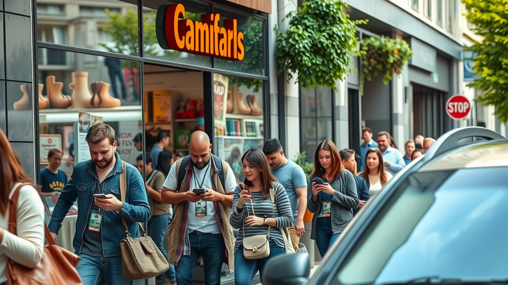 dynamic city storefronts bustling with customers, diverse people using smartphones, urban environment, visible shop signs, natural daylight, google business places 3 pack