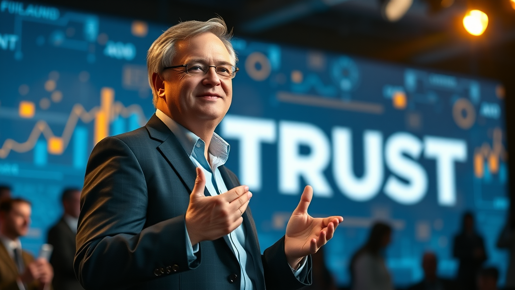 confident business leader presenting digital keynote on importance of social proof and customer trust