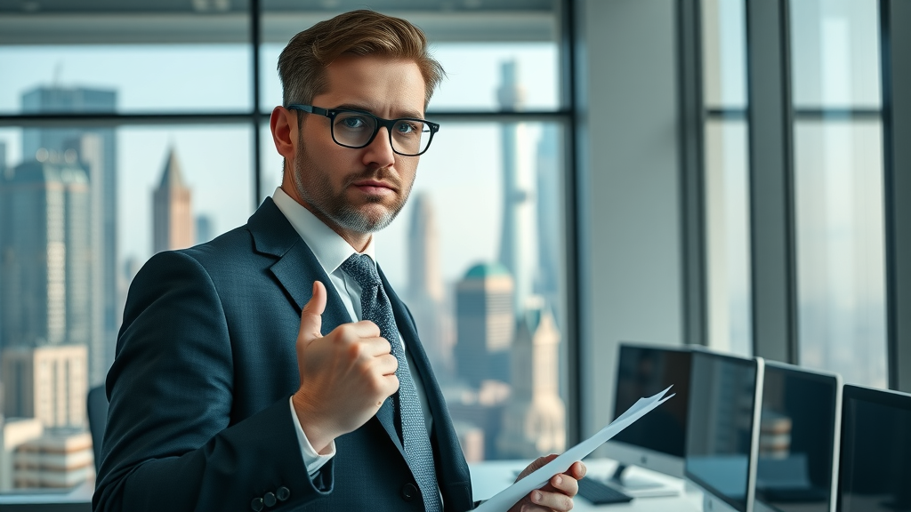 powerful determined lawyer, standing confidently, reviewing digital marketing strategy, Cinematic, law firm office with large city view windows, highly detailed, dynamic reflections from computer screens, cool blue and grey tones, daylight, shot with an 85mm lens
