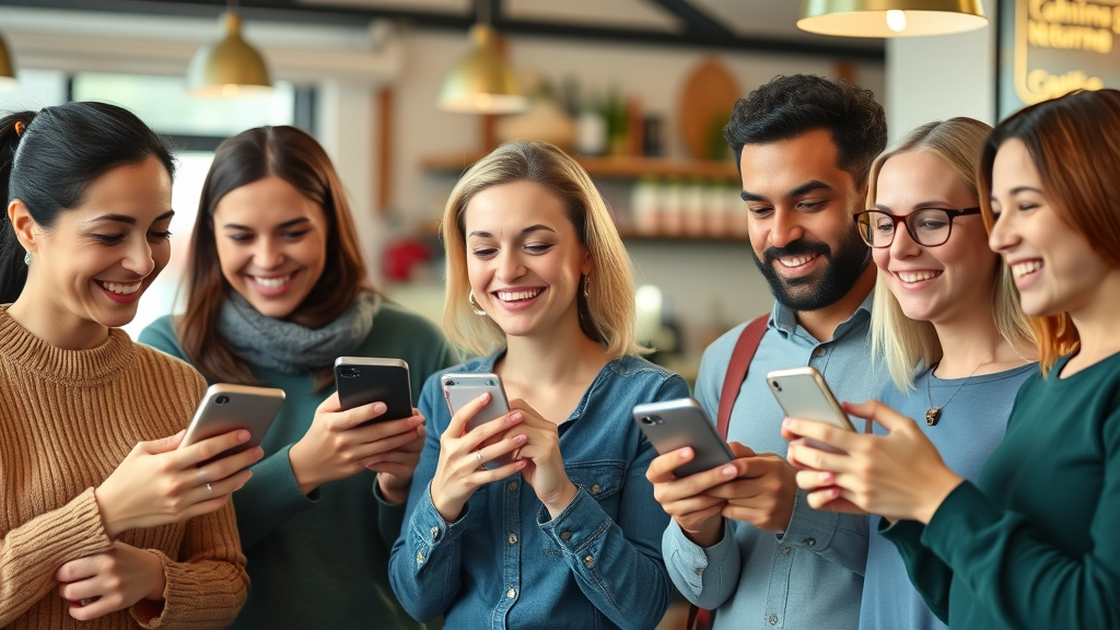 diverse happy customers giving online business reviews via smartphones, bright café setting, google reviews for local business map pack ranking