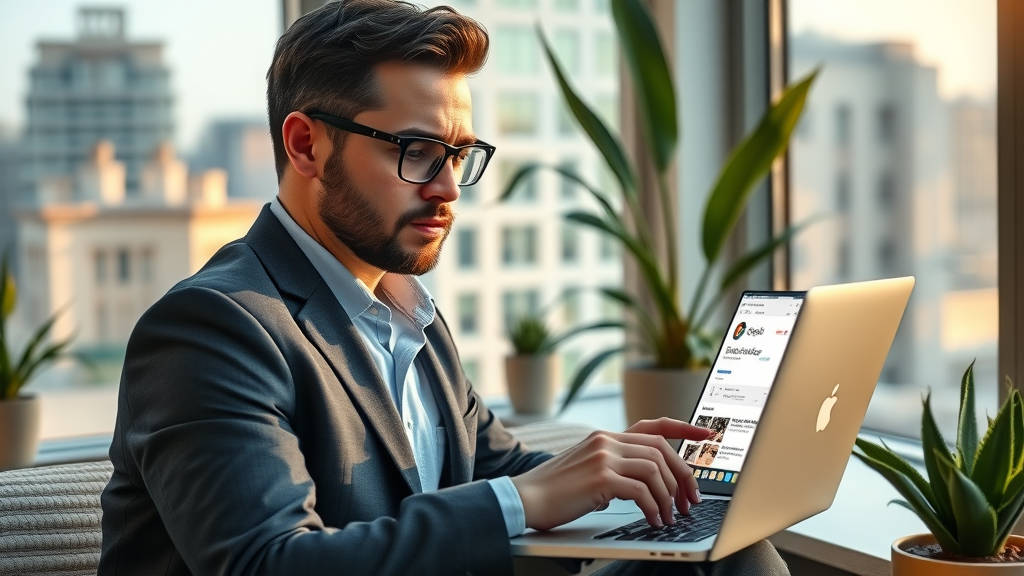 business owner updating Google Business profile for local seo in stylish city view office