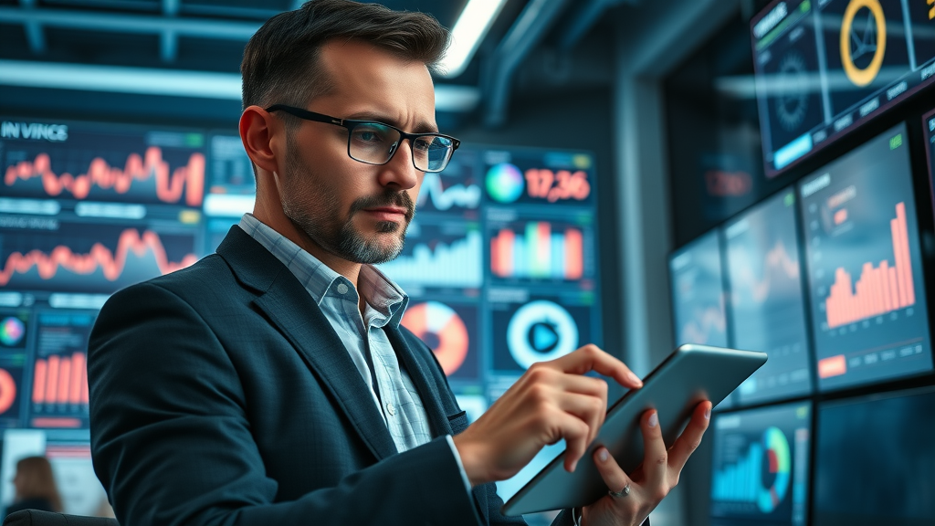 Expert in online marketing for services reviewing digital analytics in high-tech workspace