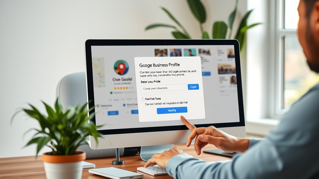 business professional claiming Google business profile, modern workspace, verification process for Google Business Places 3 Pack