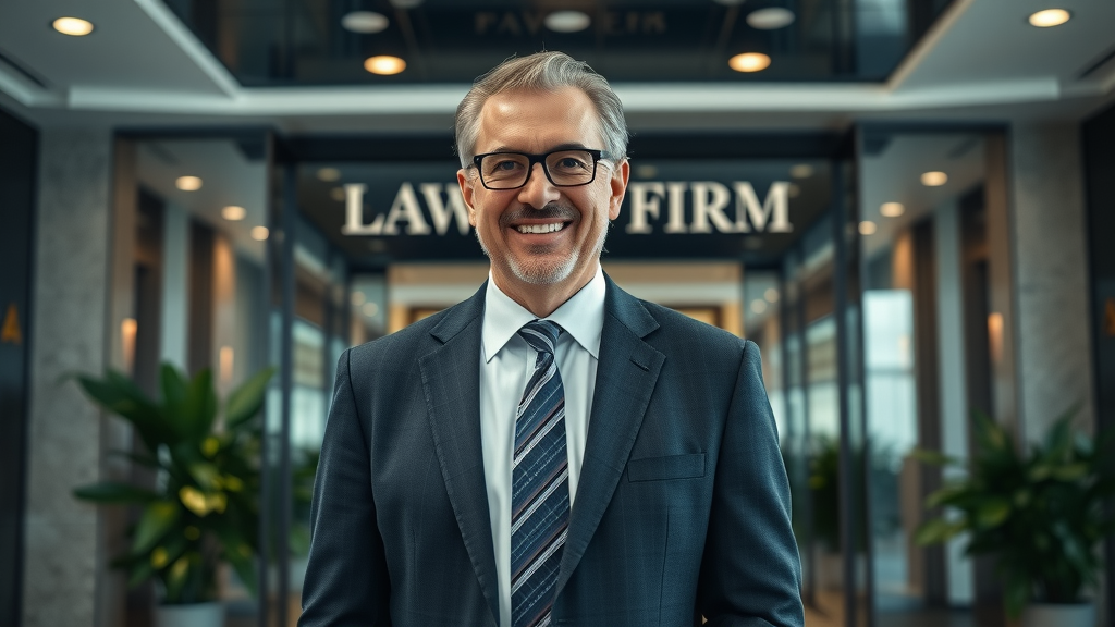 Establishing a law firm brand for client acquisition for attorneys: Confident attorney in front of a stylish, branded firm lobby