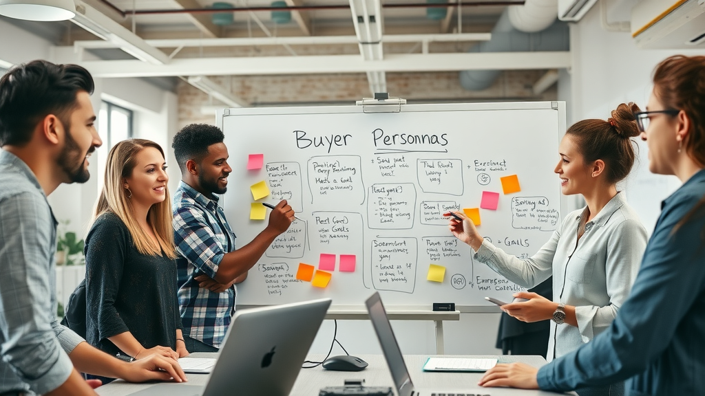 diverse team designing buyer personas and business goals for a digital marketing plan