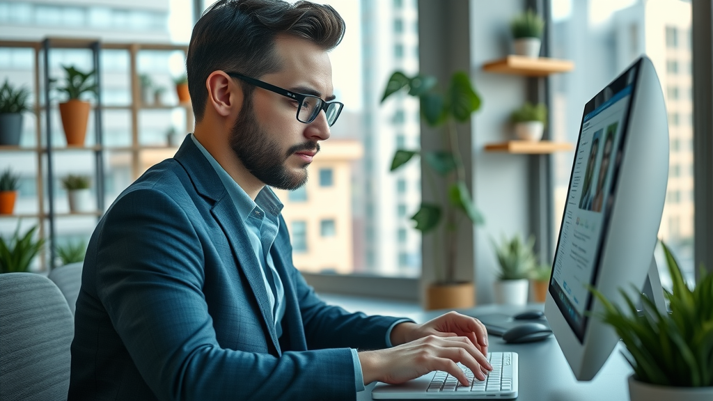 meticulous business owner updating online business profile for stronger local online presence