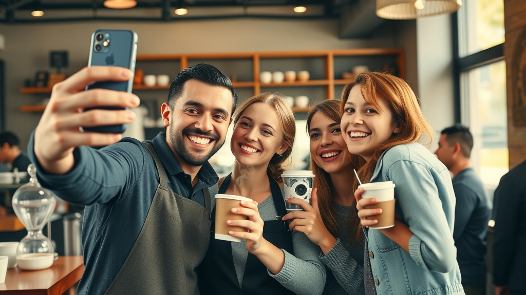friendly barista and customers taking social media photo in local coffee shop