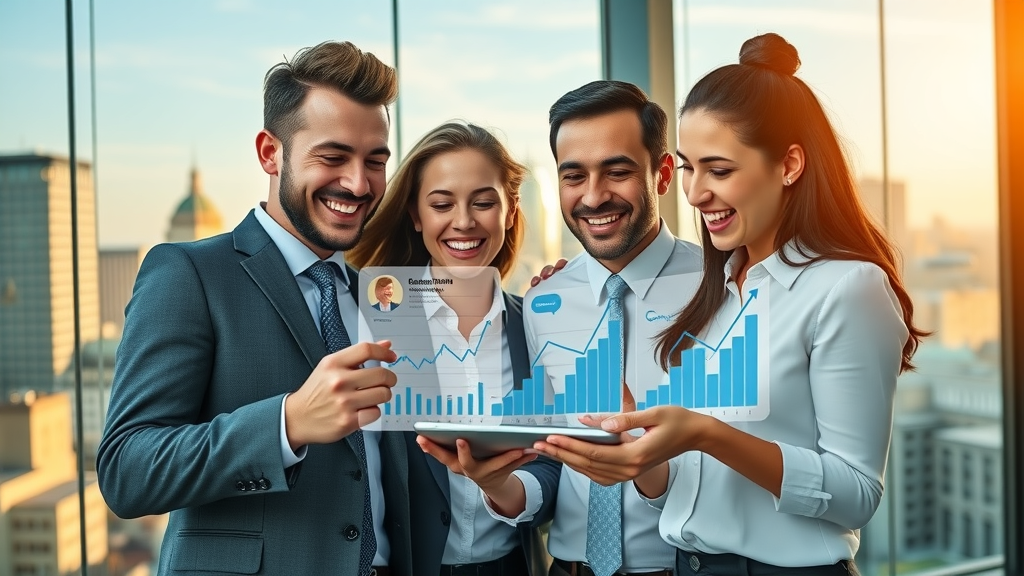 business team celebrating growth metrics on digital tablet, case study of social media marketing services