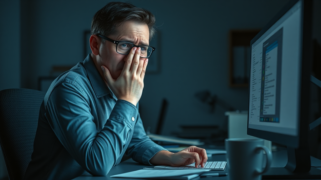 Small business owner feeling overwhelmed by digital tasks, representing common SEO mistakes for service businesses