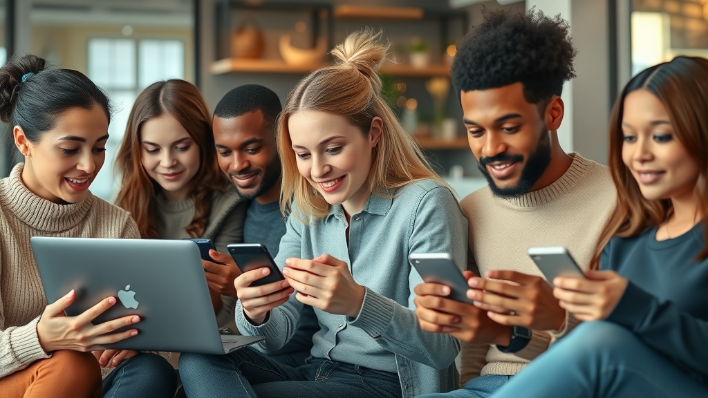 Engaged group of potential customers researching brands online for attracting new customers with online authority.