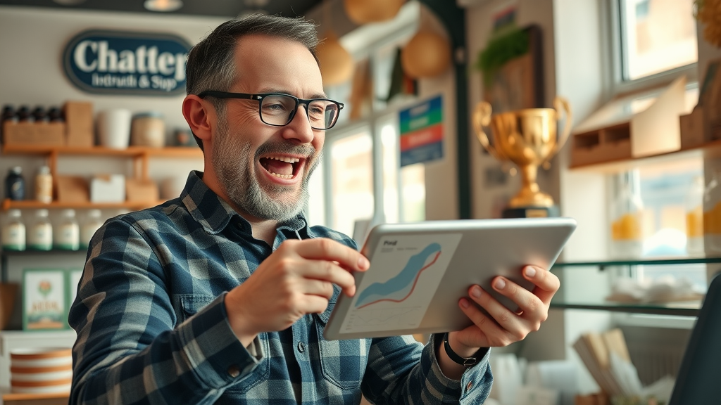 enthusiastic local shop owner celebrating seeing upward graphs and digital SEO success on a tablet