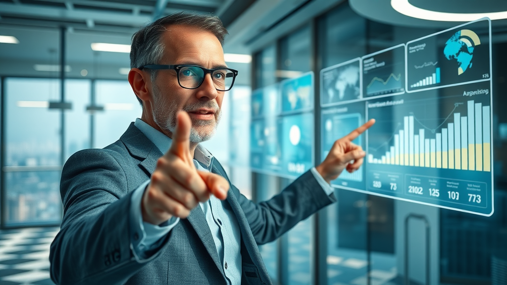 visionary digital marketing futurist pointing to holographic marketing trends and analytics in a high-tech office